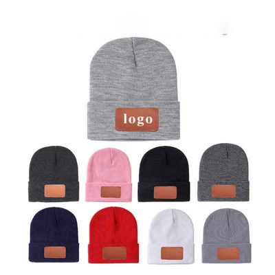 Leather Knit Cuffed Beanie Hat